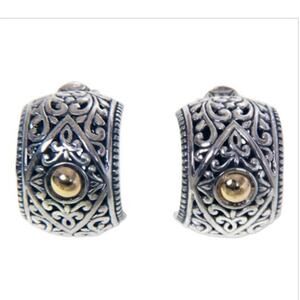 NF Signed 925 Bali Crafted Floral‎ Half Hoop Pierced Earrings Gold Accent